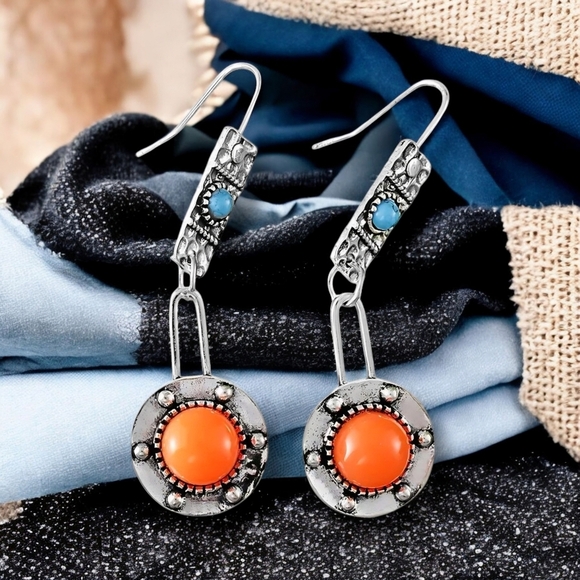 🆕️Vintage Style Boho Chic Drop Trendy Spring Earrings Orange Turquoise Accents - Picture 7 of 16